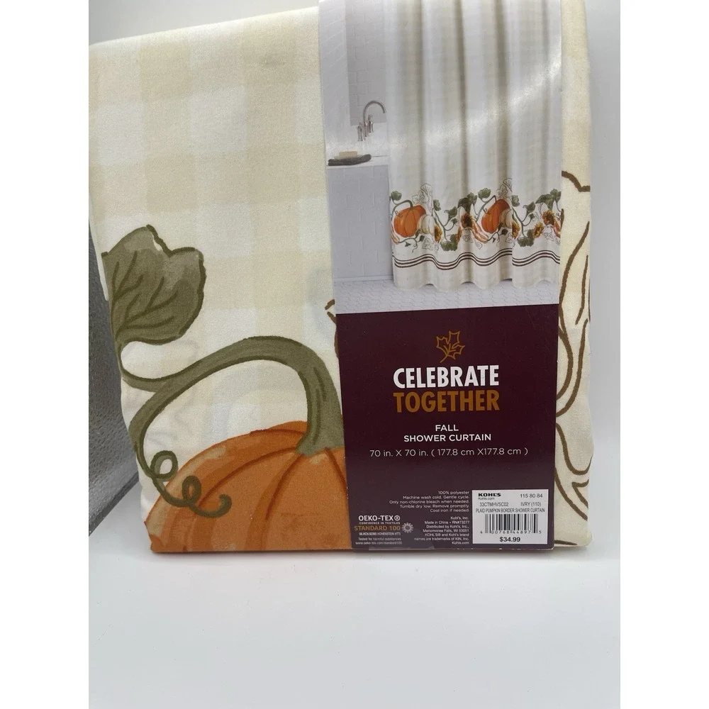 Celebrate Fall Together Pumpkin Leaves Fabric Shower Curtain 70x70 NIP